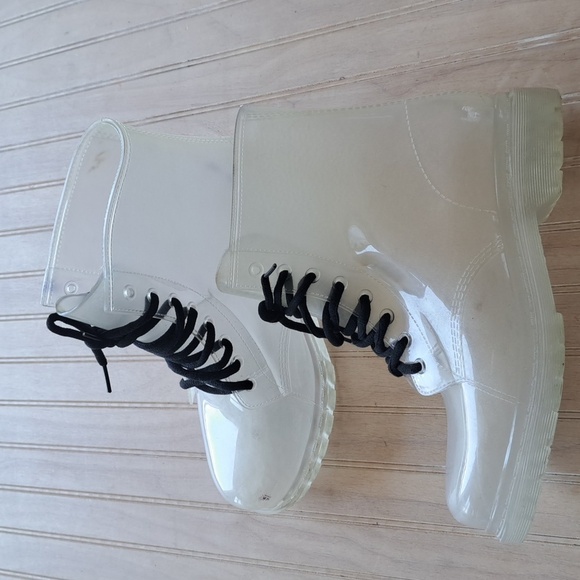 H2K Jelly Lace-Up Clear Rubber Rain Boots Stylish Combat Durable Ankle Boots - Picture 1 of 14